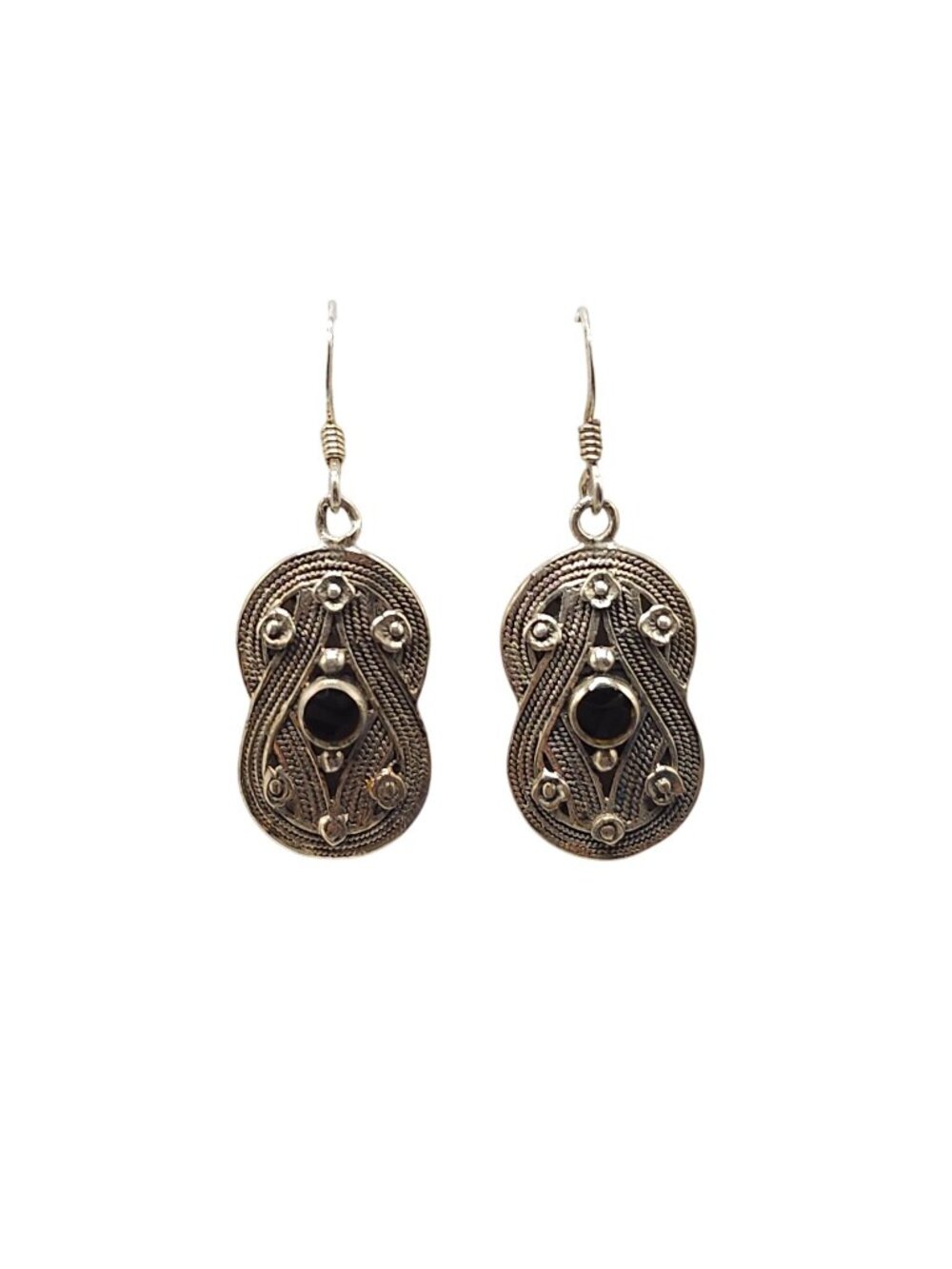 Vintage Sterling Silver Drop Earrings With Black Onyx Intricate Filigree Design